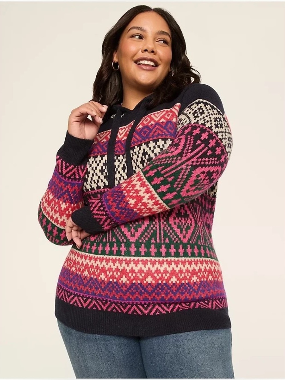 Lane Bryant Navy Fair Isle Knit Drawstring Hoodie Sweater 22/24